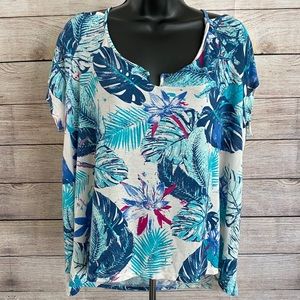 Tropical Floral Open Shoulder Short Sleeve Shirt
